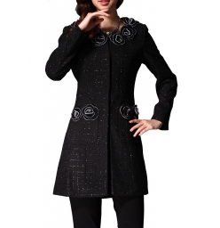 Dissa Flower Round Neck Coat-Black