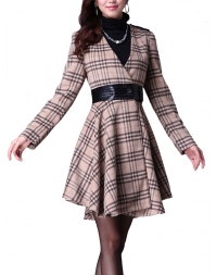 Dissa V-neck Plaid Pea Coat-As Pictu