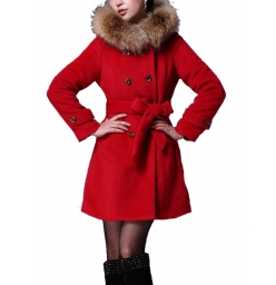 Dissa Faux Fur Collar Pea Coat-Red