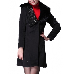 Dissa Beads Decor Cony Hair Coat-Bla