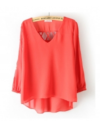 V-Neck Elastic Sleeve Chiffon Blouse