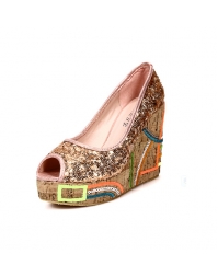 Sequin Details Peep Toe Wedges